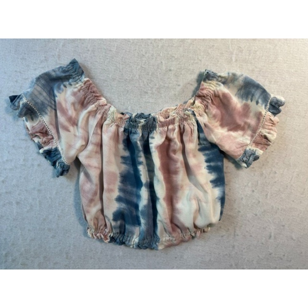 Ocean Drive Tie Dye Off Shoulder Crop Top Blue Pink Ruffle Sleeve SML Boho Beach